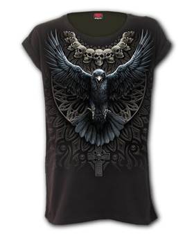 Dámské tričko Raven Skull Turnup Sleeve - Spiral Direct