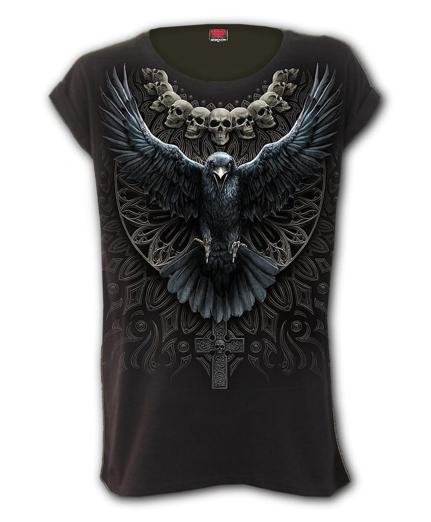 Dámské tričko Raven Skull Turnup Sleeve - Spiral Direct L